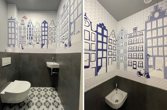 Kinderkamer met stadsgezicht behang Behang, kinderbehang met stadsgezicht voor kinderkamer.