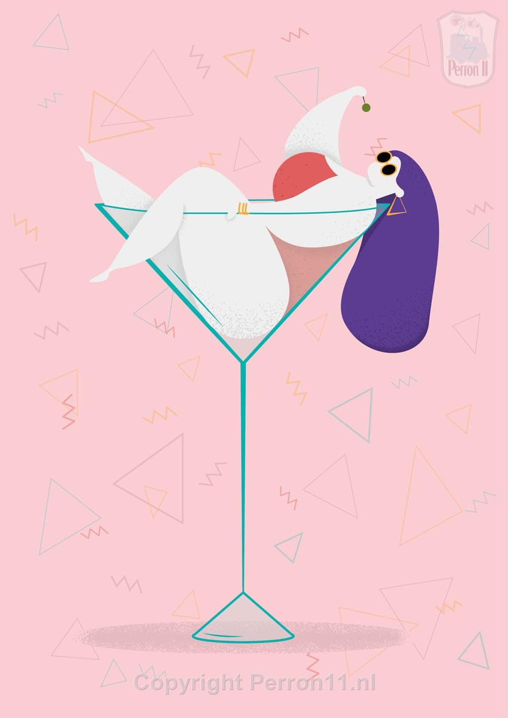Behang, kinderbehang met vogel en meisje in cocktailglas.