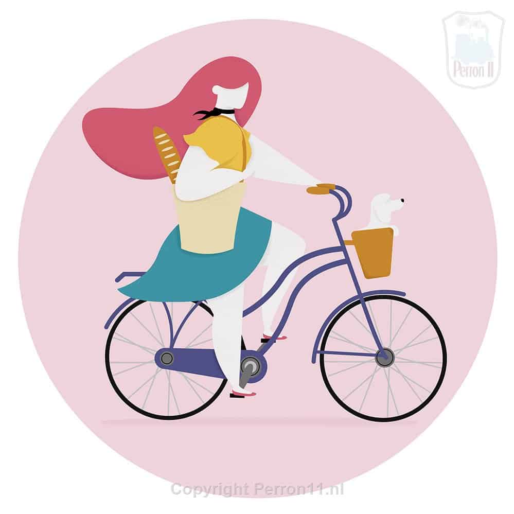 Behang, kinderbehang met vrouw op fiets en hondje in mand.