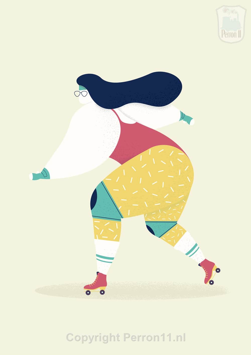 Behang, kinderbehang met vrouw op rolschaatsen.