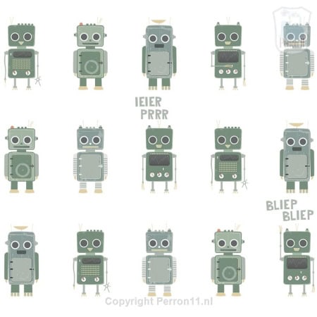 Behang met robotjes, kinderbehang, stoer en speels ontwerp.