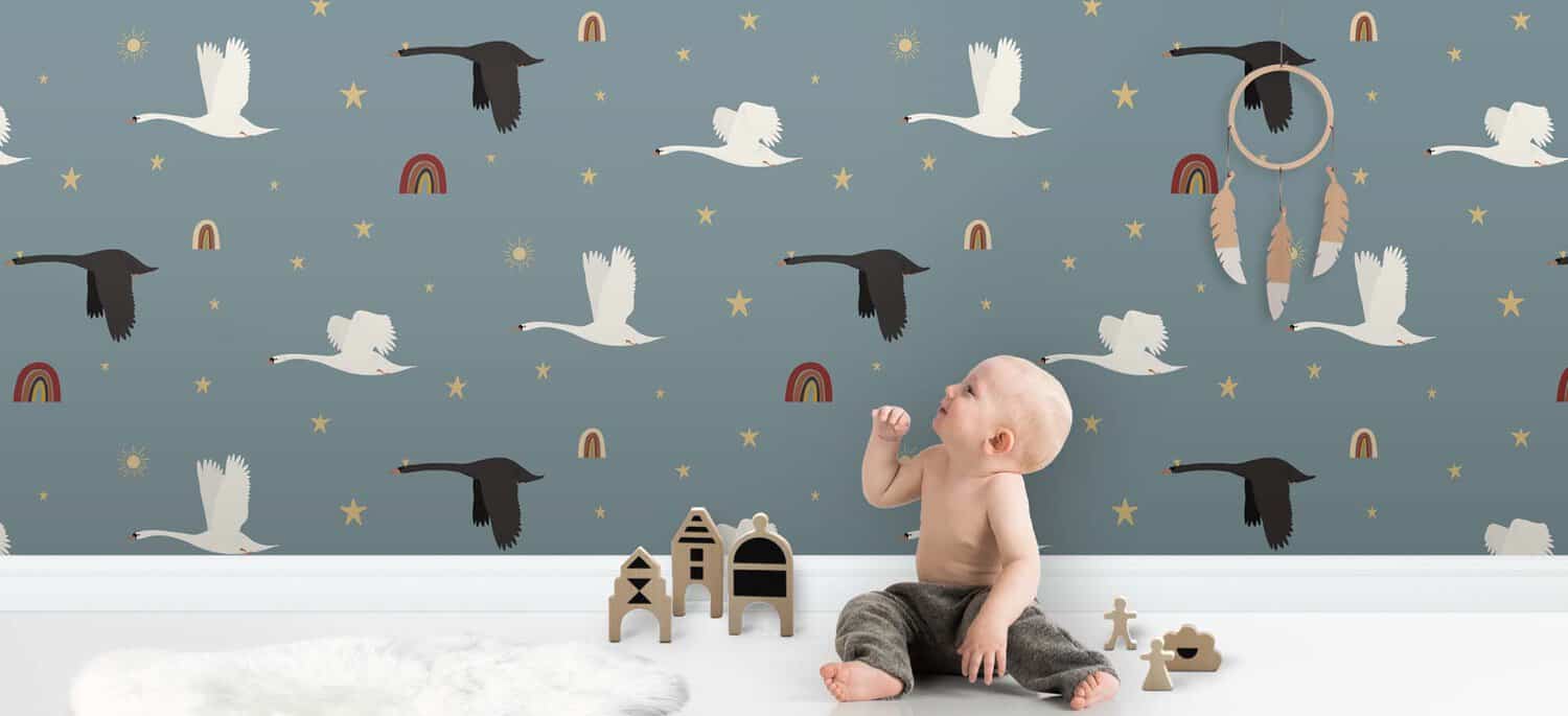 Behang met vogels, regenbogen en sterren voor kinderbehang.