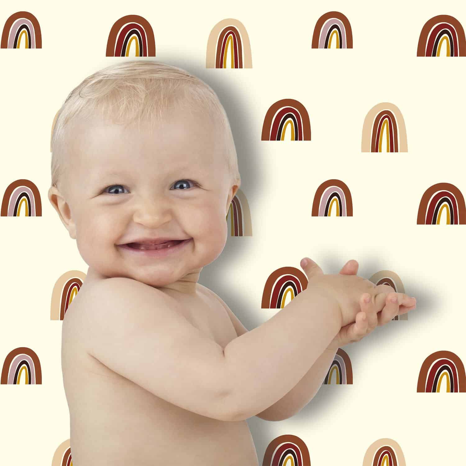 Baby behang neutraal met regenboogjes met baby