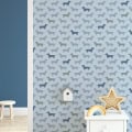 Behang met hondenmotief, kinderbehang, blauw en grijs tinten.