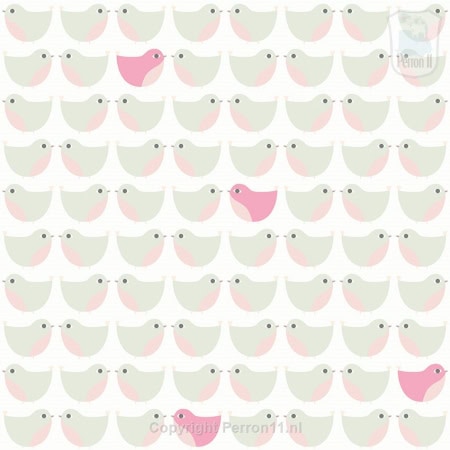 Behang met witte en roze vogels, kinderbehang.