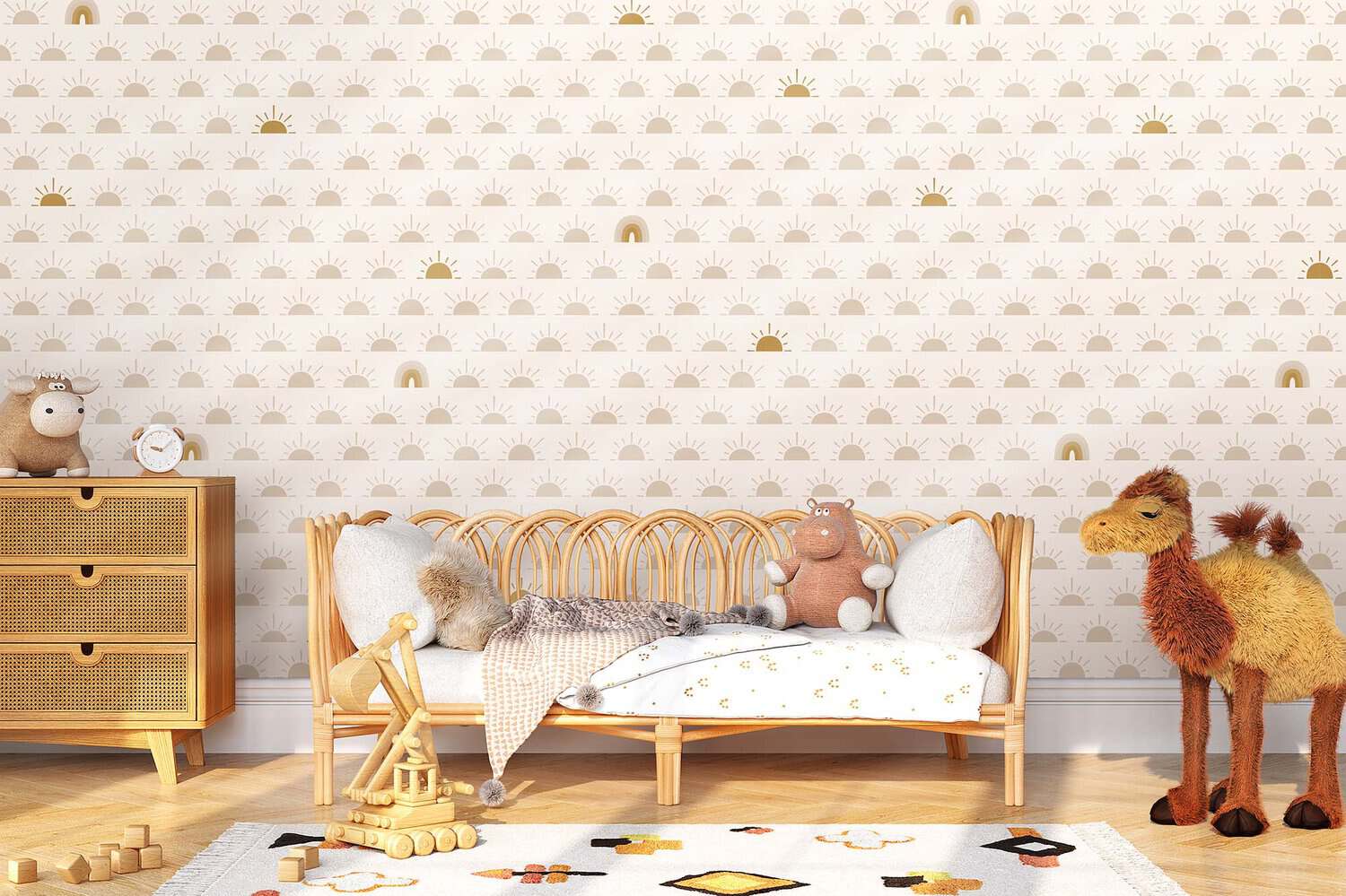 Behang, kinderbehang met zachte kleuren en speelse patronen.