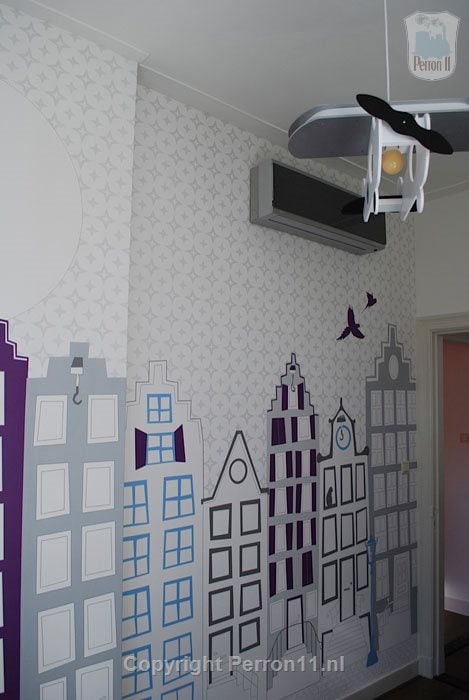 Kinderkamer babykamer paars blauw huisjes