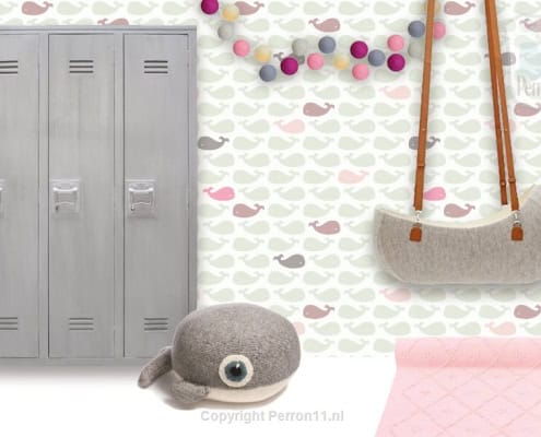 Behang, kinderbehang met walvis en pastelkleuren.