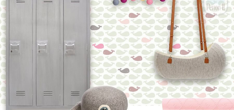 Behang, kinderbehang met walvis en pastelkleuren.