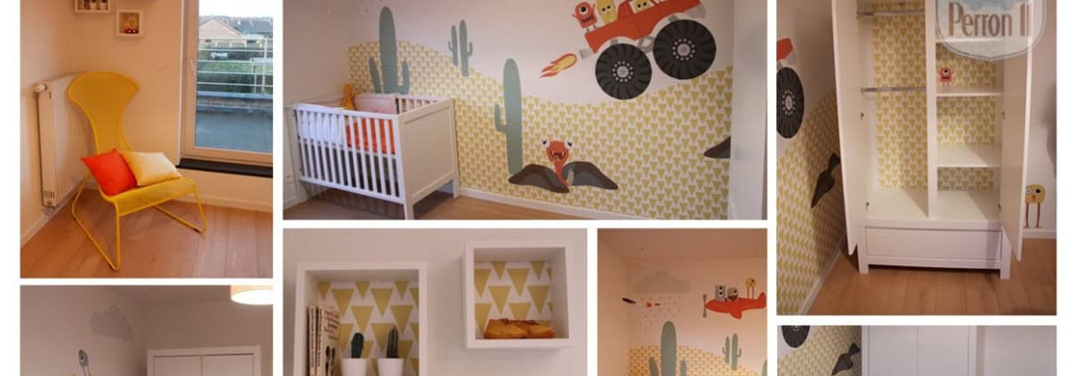 Behang en kinderbehang met monster en auto thema.