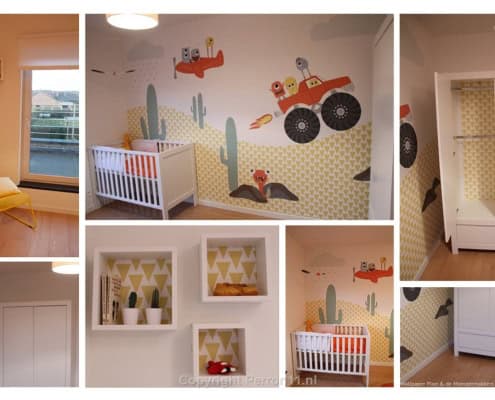 Behang en kinderbehang met monster en auto thema.