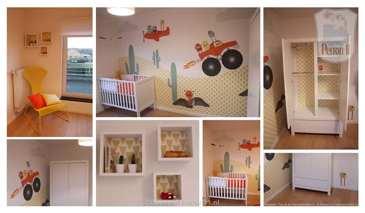 Behang en kinderbehang met monster en auto thema.