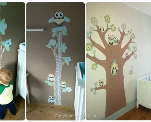 Behang met uilen en bloemen, kinderbehang voor de kinderkamer.
