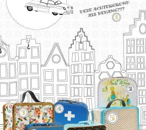 Behang en kinderbehang met retro auto en stadssilhouet.