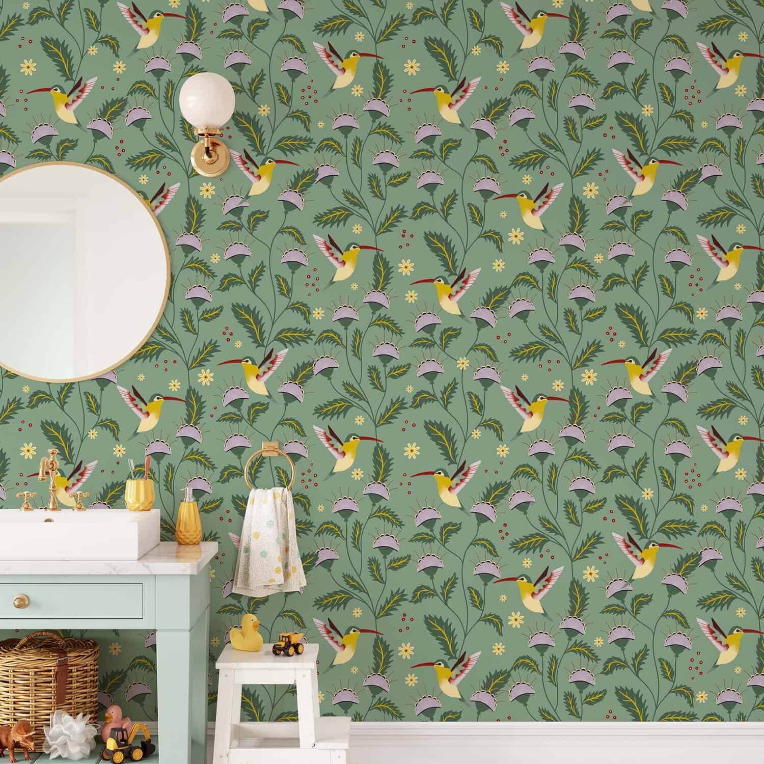 Behang met kleurrijke vogels en bloemen, kinderbehang voor de kinderkamer.