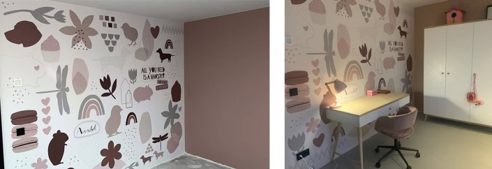 Kinderkamer met speelse muurdecoratie Behang, kinderbehang met bloemen en dieren voor kinderkamer.