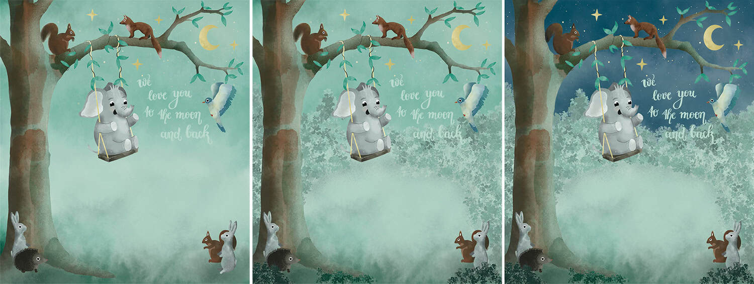 Behang, kinderbehang met schommelende muis en dieren in bos.