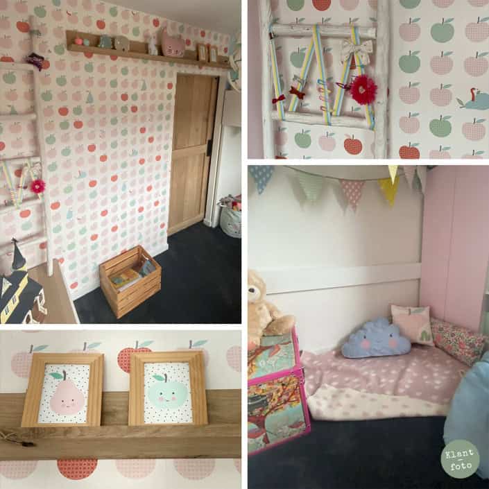 meisjeskamer-behang-appels-peren Behang en muurstickers in kinderkamer, kinderbehang, speelhoek.