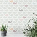 Behang met walvissen, kinderbehang, pastelkleuren.