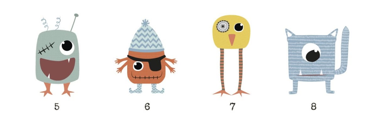 Behang, kinderbehang met verschillende monsterlijke wezentjes.