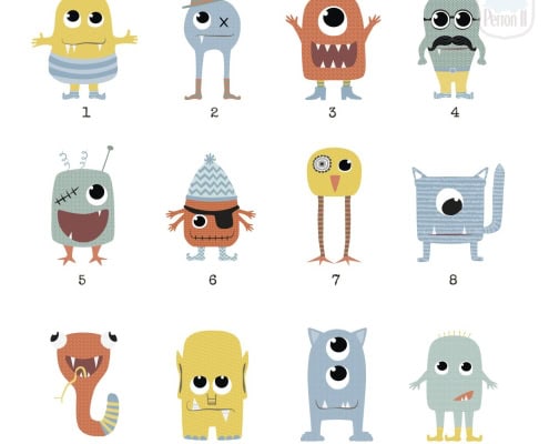 Behang, kinderbehang met verschillende monsterlijke wezentjes.