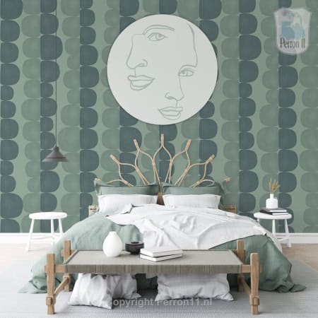 Behang met abstracte gezichten, kinderbehang, muurcirkel.