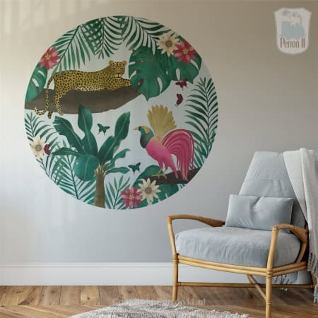 Behang met jungle dieren, kinderbehang, luipaard en papegaai.