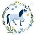 Kinderbehang met paard, vlinders en bloemen in een cirkel.