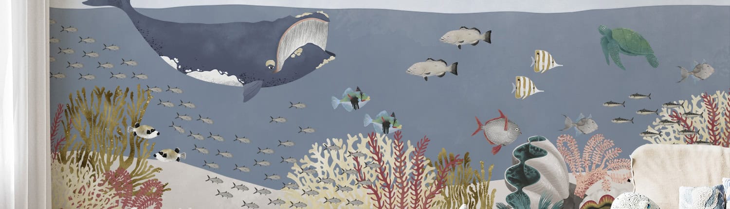 onderwater-wereld-behang-jongenskamer-walvis.jpg Behang met zeeleven en walvis, kinderbehang.