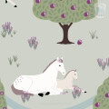 Behang met paarden en fruit, kinderbehang, rustgevend ontwerp.