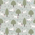 Behang met paarden en bomen, kinderbehang, vrolijk en speels ontwerp.
