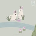 Behang, kinderbehang met twee schattige konijnen in pastelkleuren.