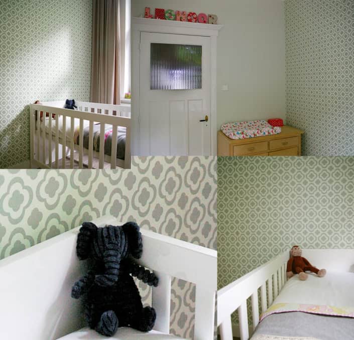 Kinderkamer met groen behang Behang, kinderbehang, kinderkamer, muurdecoratie, speelhoek.