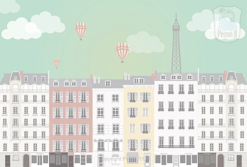 Behang, kinderbehang met stadsgezicht en luchtballonnen.