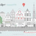 Behang, kinderbehang met Amsterdamse grachten en Westertoren.