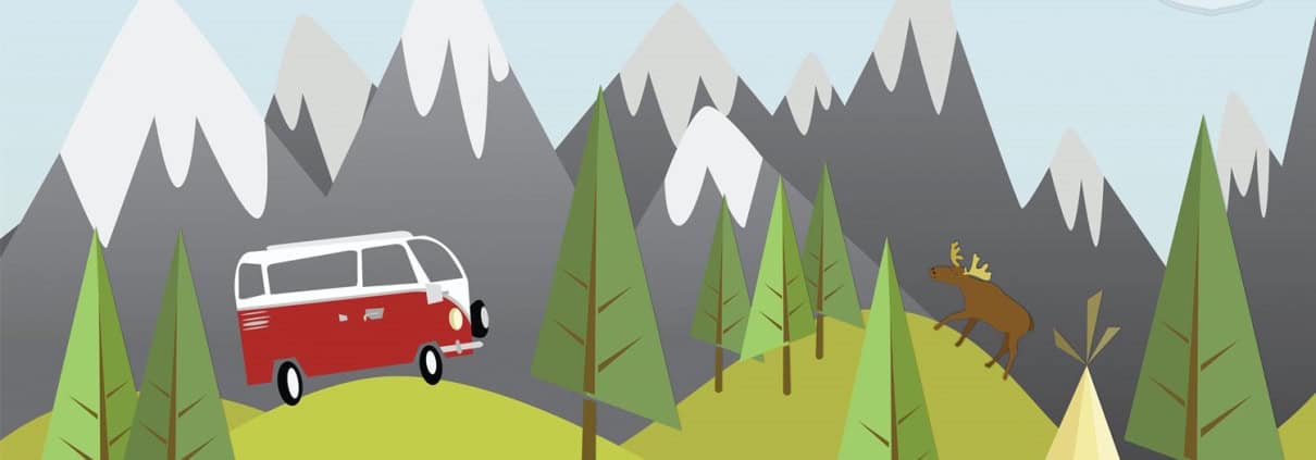 Behang, kinderbehang met bergen, bos en camper.