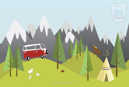 Behang, kinderbehang met bergen, bos en camper.