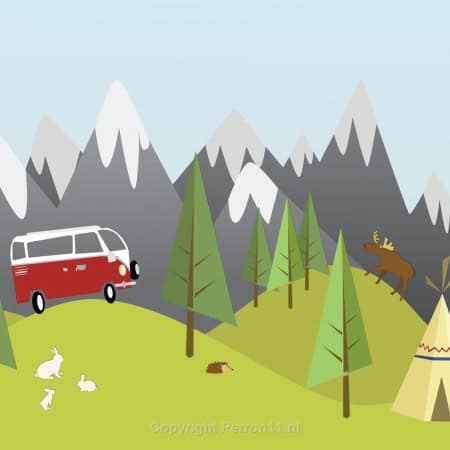 Behang, kinderbehang met bergen, bos en camper.