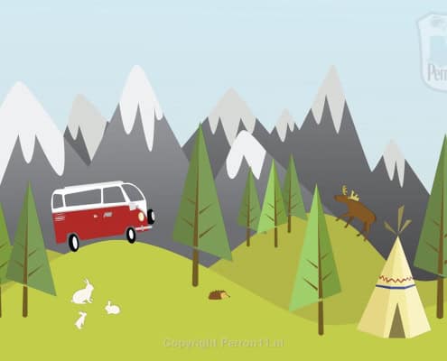Behang, kinderbehang met bergen, bos en camper.