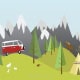 Behang, kinderbehang met bergen, bos en camper.