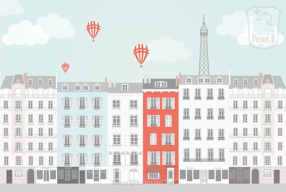 Behang met stadselementen en luchtballonnen, kinderbehang.