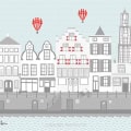 Behang, kinderbehang met stad en luchtballonnen.