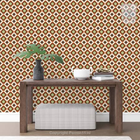 Behang, kinderbehang met retro patroon in oranje, groen en beige tinten.
