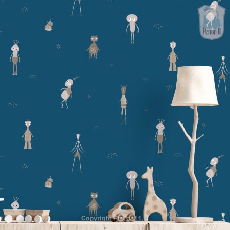 Behang met grappige aliens en fantasiefiguren voor kinderkamer.