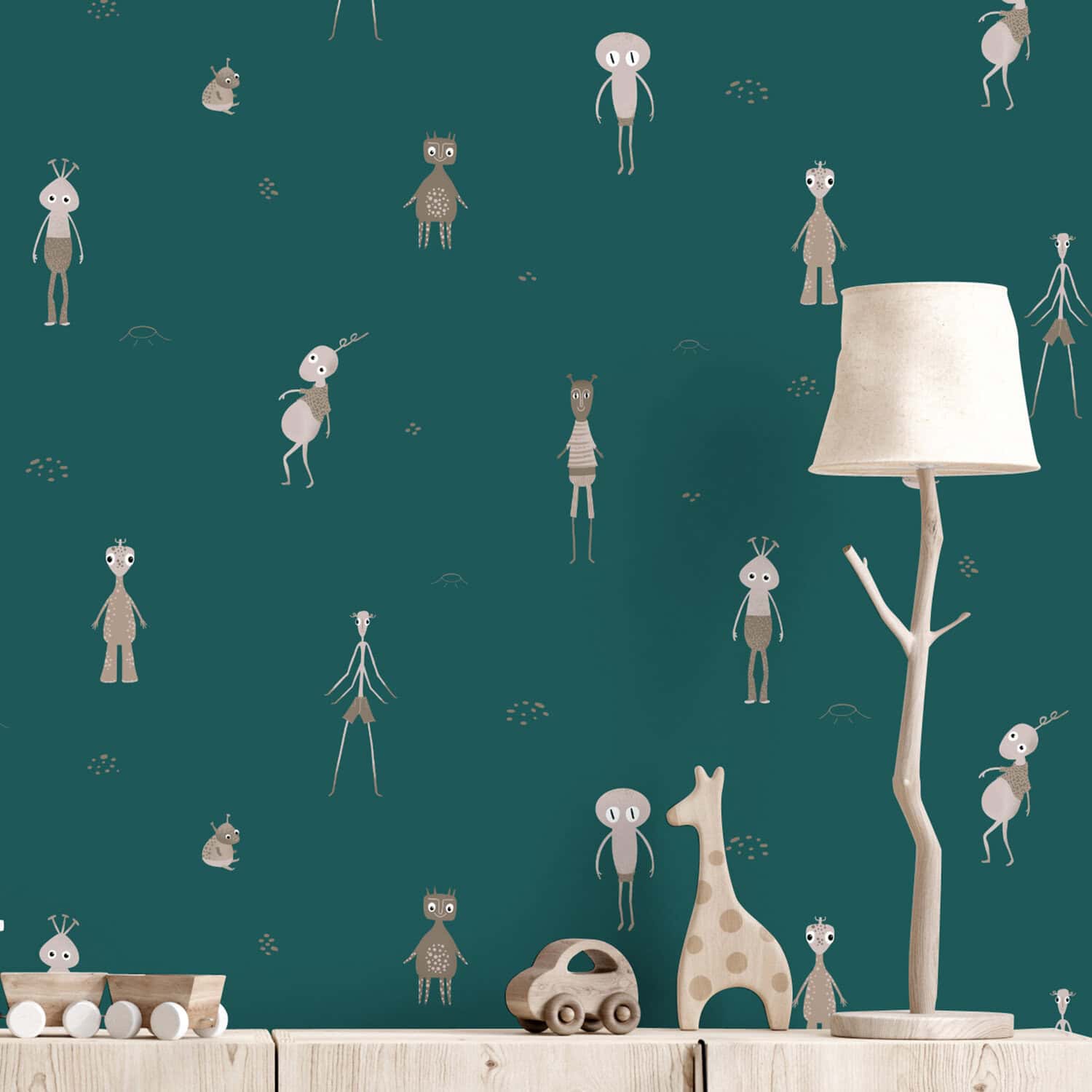 Behang met kinderbehang met fantasierijke dieren en figuren.