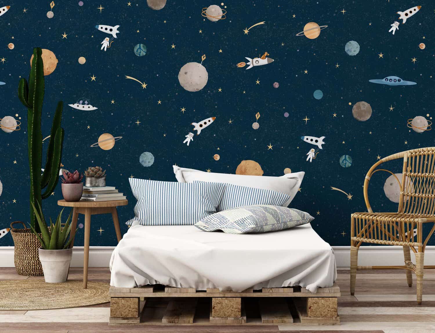 Trendy ruimte behang in de kinderkamer