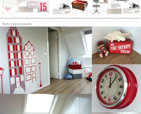 Behang en kinderbehang met zwart-witte dieren en rood-witte accenten.