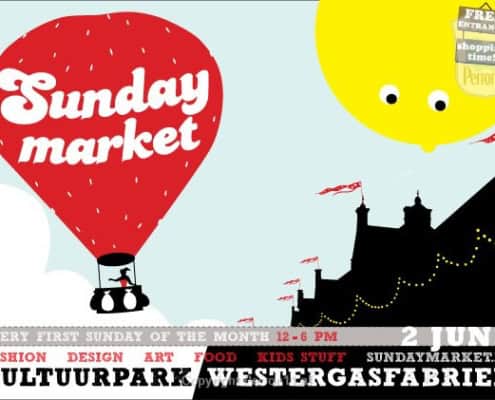 Behang, kinderbehang met Sunday Market thema en kleurrijke illustraties.