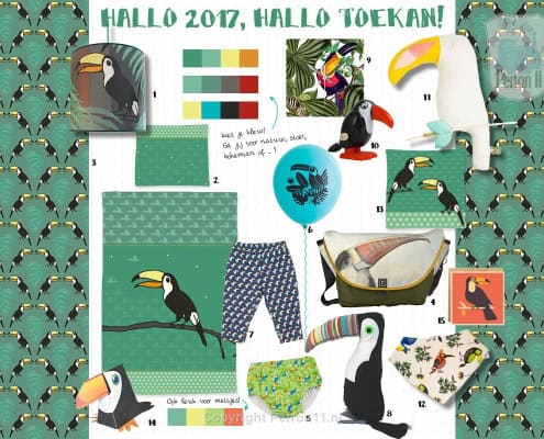 Behang met toekans en tropische elementen, kinderbehang.