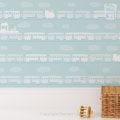 Behang met treinmotief, kinderbehang, blauw en wit.